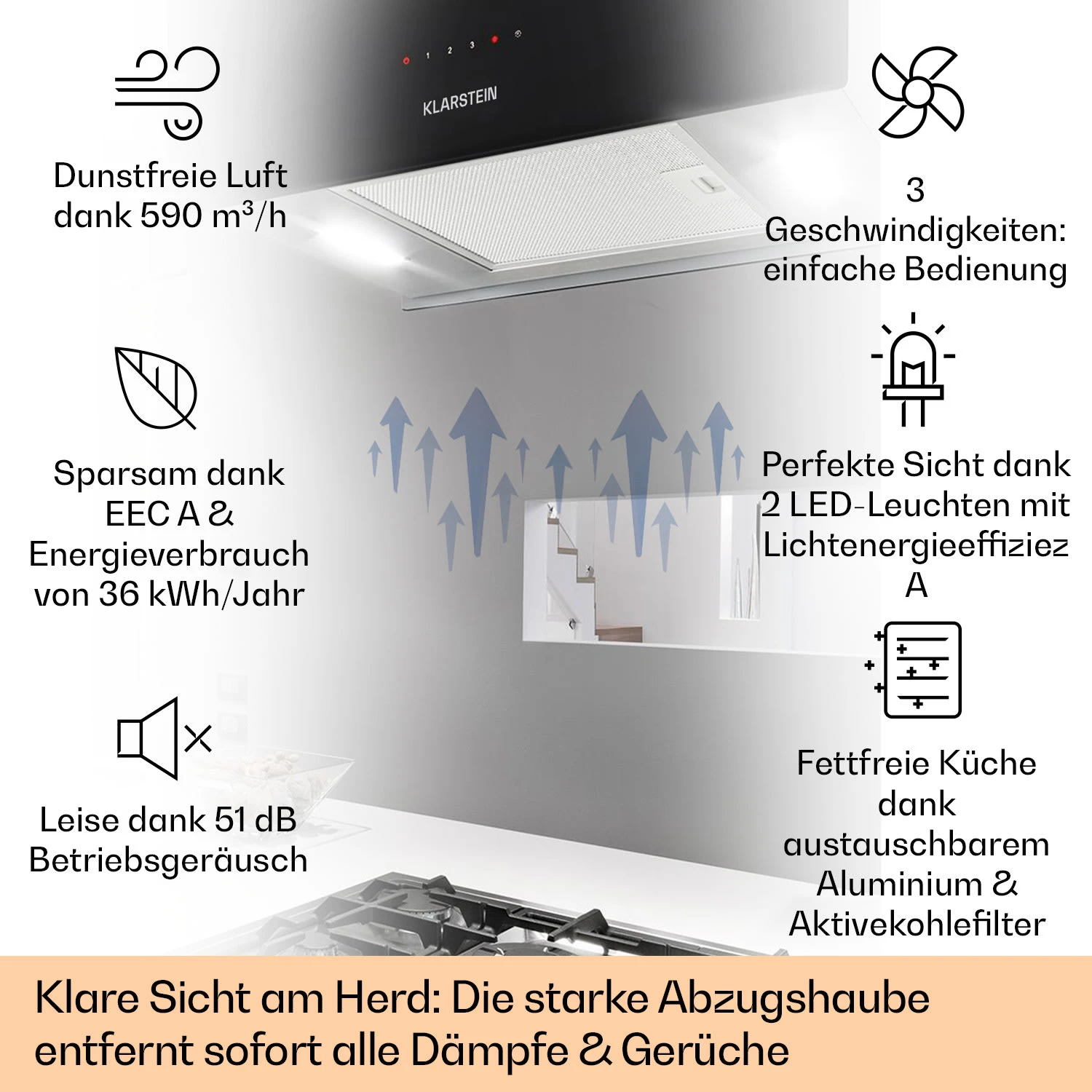 Kronleuchter XL Inselabzugshaube 90cm Umluft 590m³/h LED Touch Schwarz 2 Kronleuchter XL Inselabzugshaube 90cm Umluft 590m³/h LED Touch Schwarz – Bild 2
