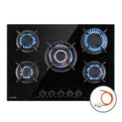 Goldflame 5 Gaskochfeld 5-flammig Messing-Brenner Glaskeramik Schwarz