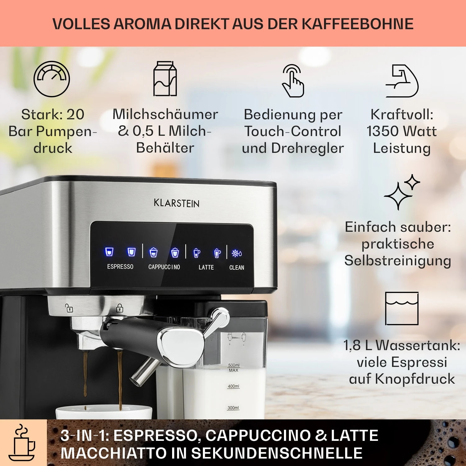 Arabica Comfort Espressomaschine 1350W 20 Bar 1,8l Touch-Bedienfeld 2 Arabica Comfort Espressomaschine 1350W 20 Bar 1,8l Touch-Bedienfeld – Bild 2