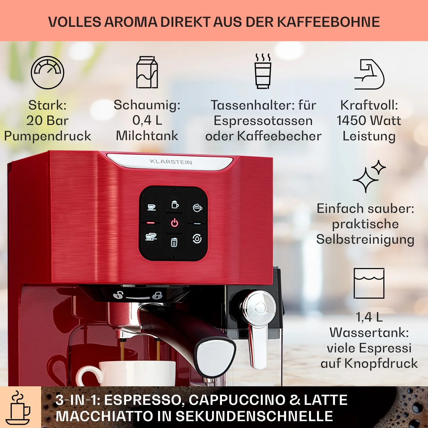 BellaVita Kaffeemaschine 3-in-1 1450 W 20 Bar Milchschäumer 2 BellaVita Kaffeemaschine 3-in-1 1450 W 20 Bar Milchschäumer – Bild 2