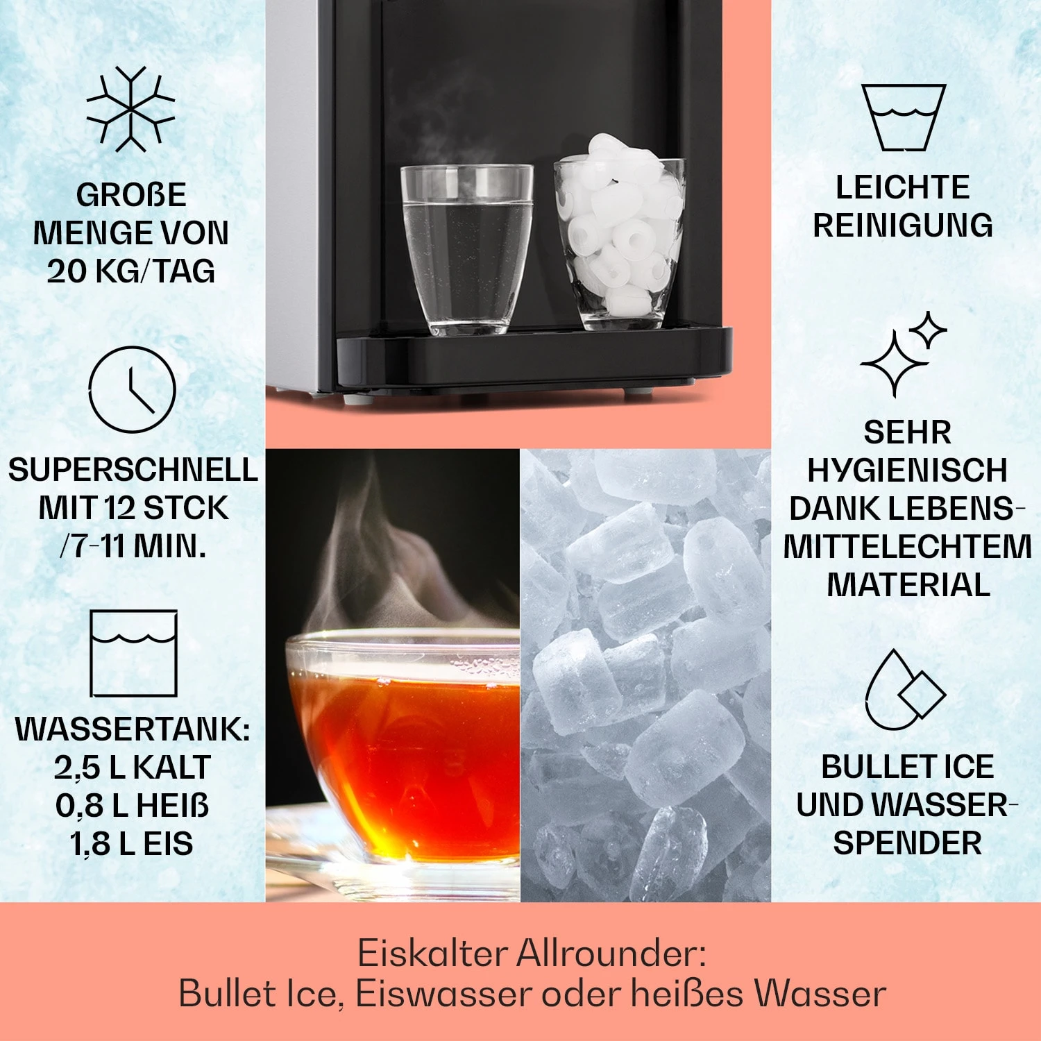 Aqueous Eiswürfelmaschine 3-in-1: Eiswürfel, Wasserspender: Heiß & Kalt 20 Kg/24h 2 Aqueous Eiswürfelmaschine 3-in-1: Eiswürfel, Wasserspender: Heiß & Kalt 20 Kg/24h – Bild 2